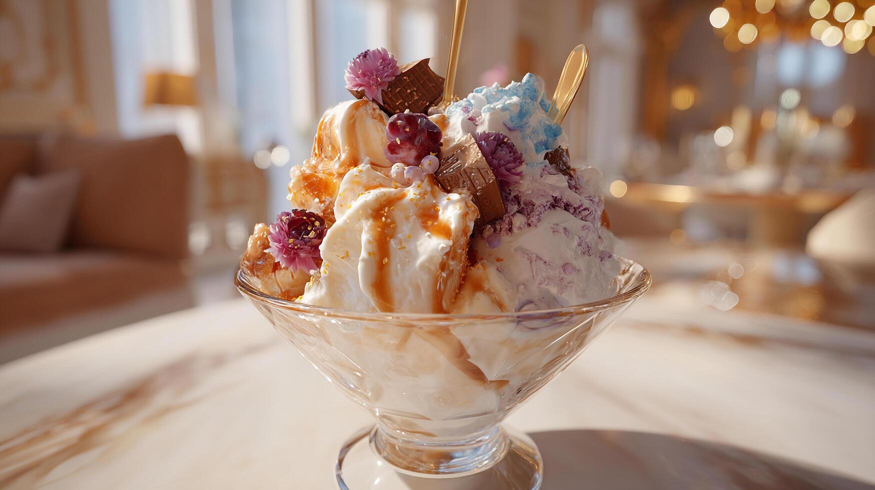 Realistic close up of ice cream with multi flavor nuts fresh fruit chocolate syrup colorful toppings photo