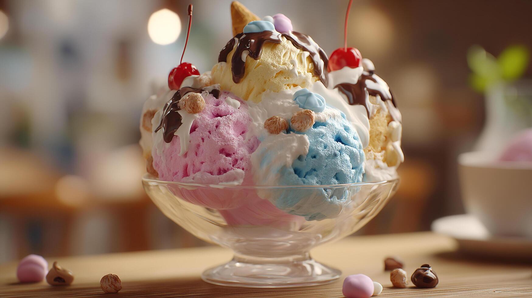 High resolution close up of ice cream with creamy texture nuts fresh fruit syrup chocolate and colorful toppings photo