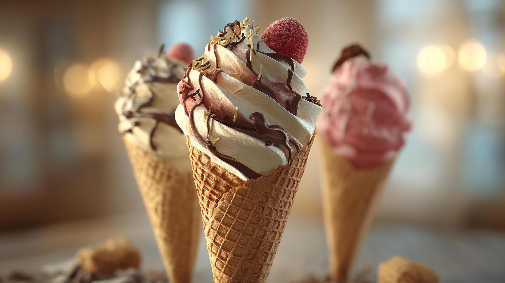 Indoor photo of multi flavor ice cream with nuts syrup fresh berries and colorful toppings