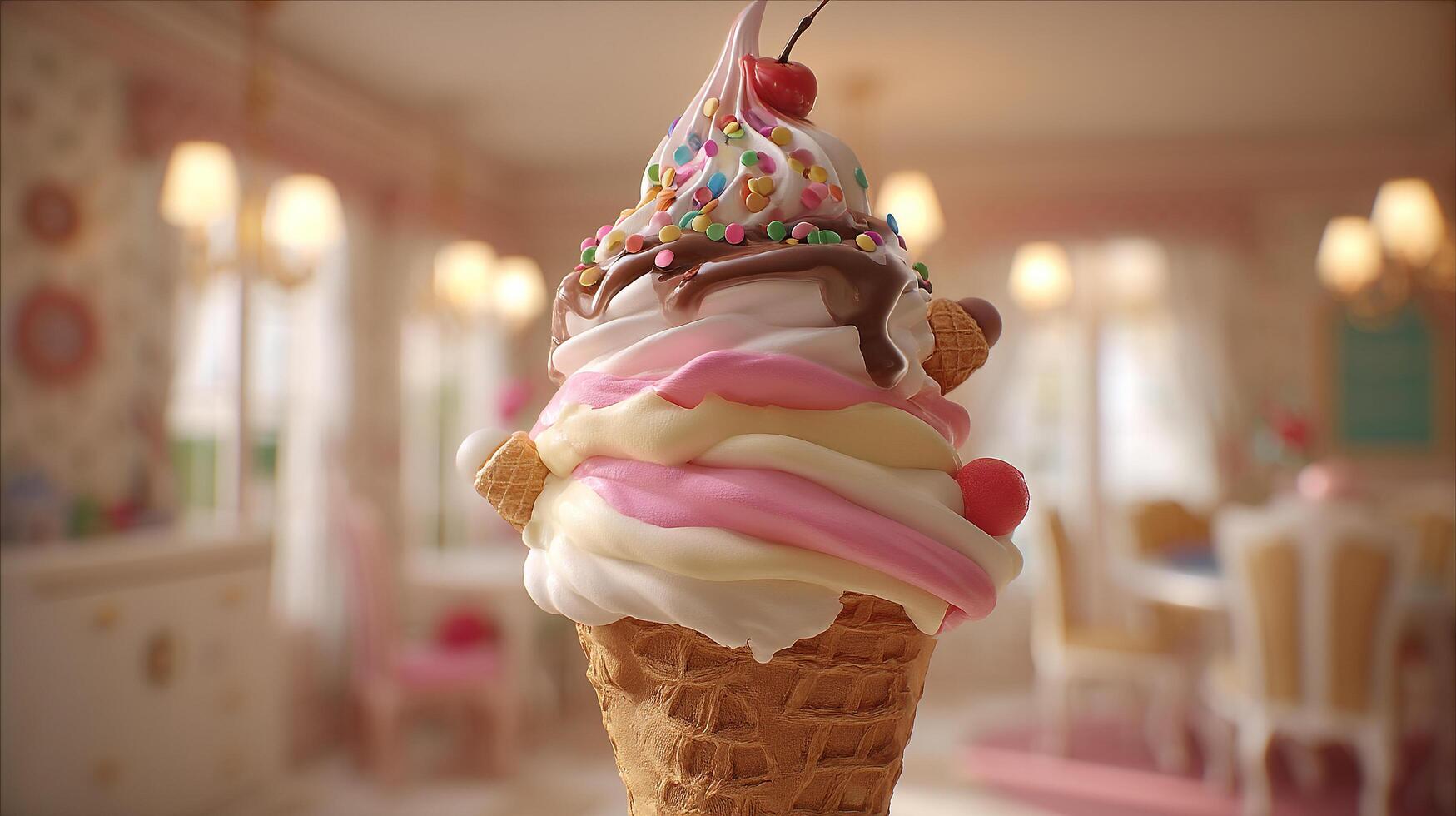 Natural lighting close up of ice cream with chocolate syrup nuts fresh fruit and colorful toppings photo