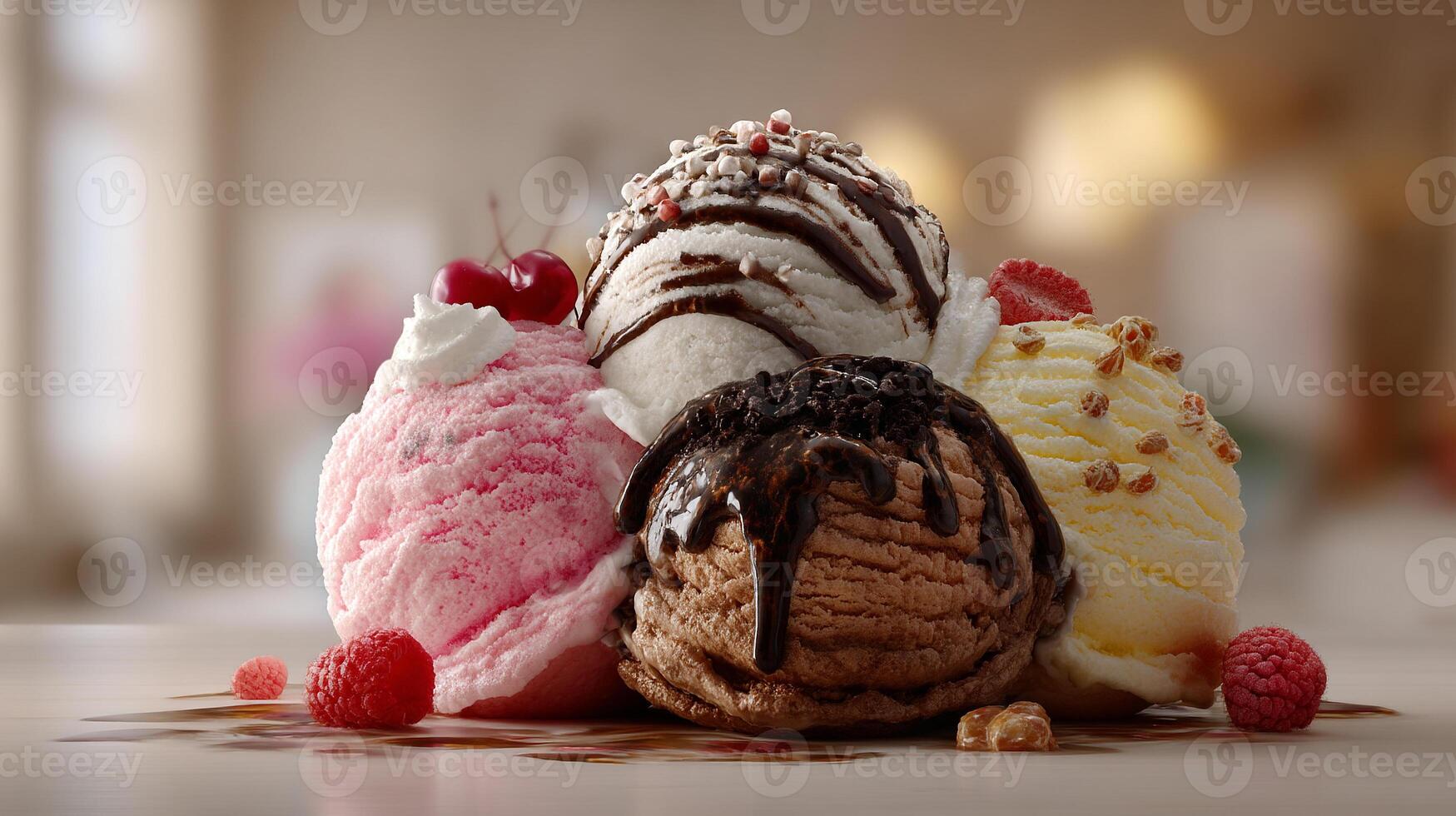 Natural light photo of multi flavor ice cream with nuts fresh fruit syrup chocolate and colorful toppings