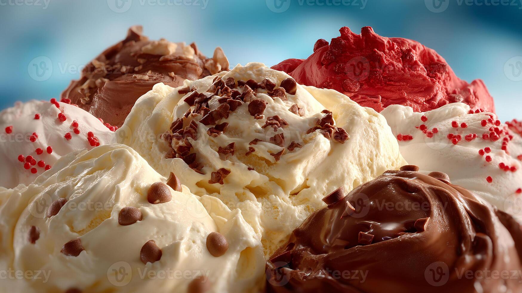Photo of multi flavor ice cream with nuts syrup fresh berries and colorful toppings