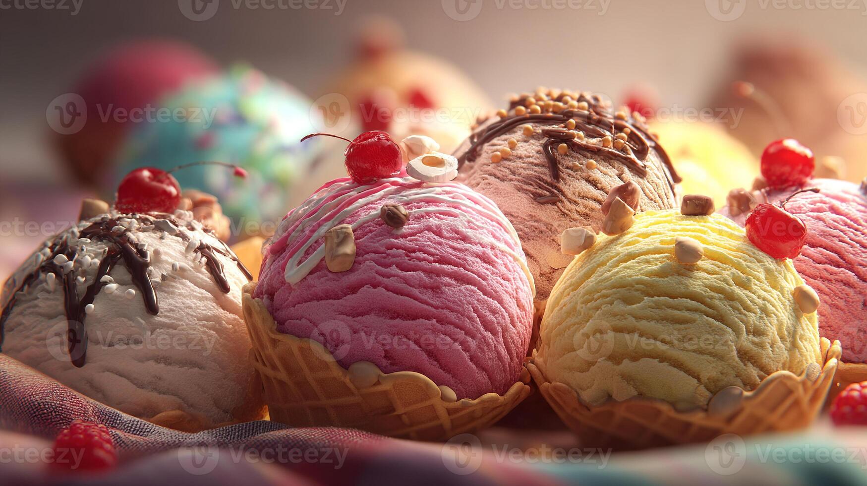 High resolution image of ice cream with nuts fresh fruit colorful toppings syrup and chocolate photo