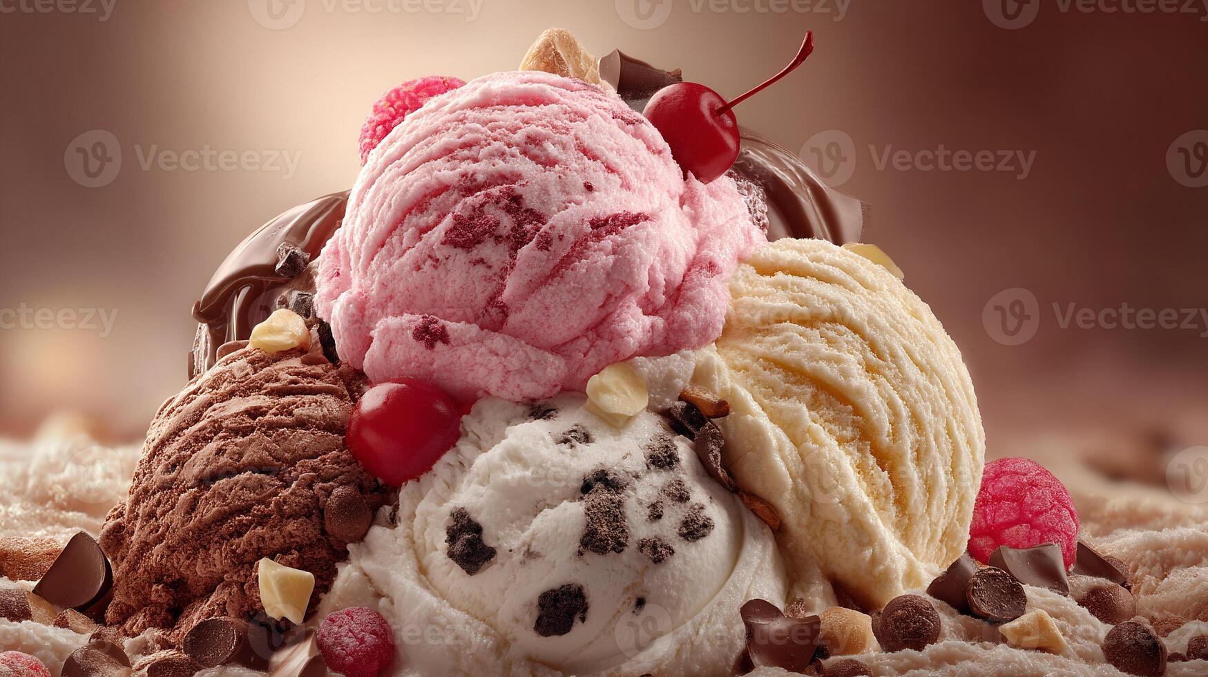 Photorealistic ice cream scoop with multi flavor fresh berries nuts syrup chocolate and colorful toppings photo