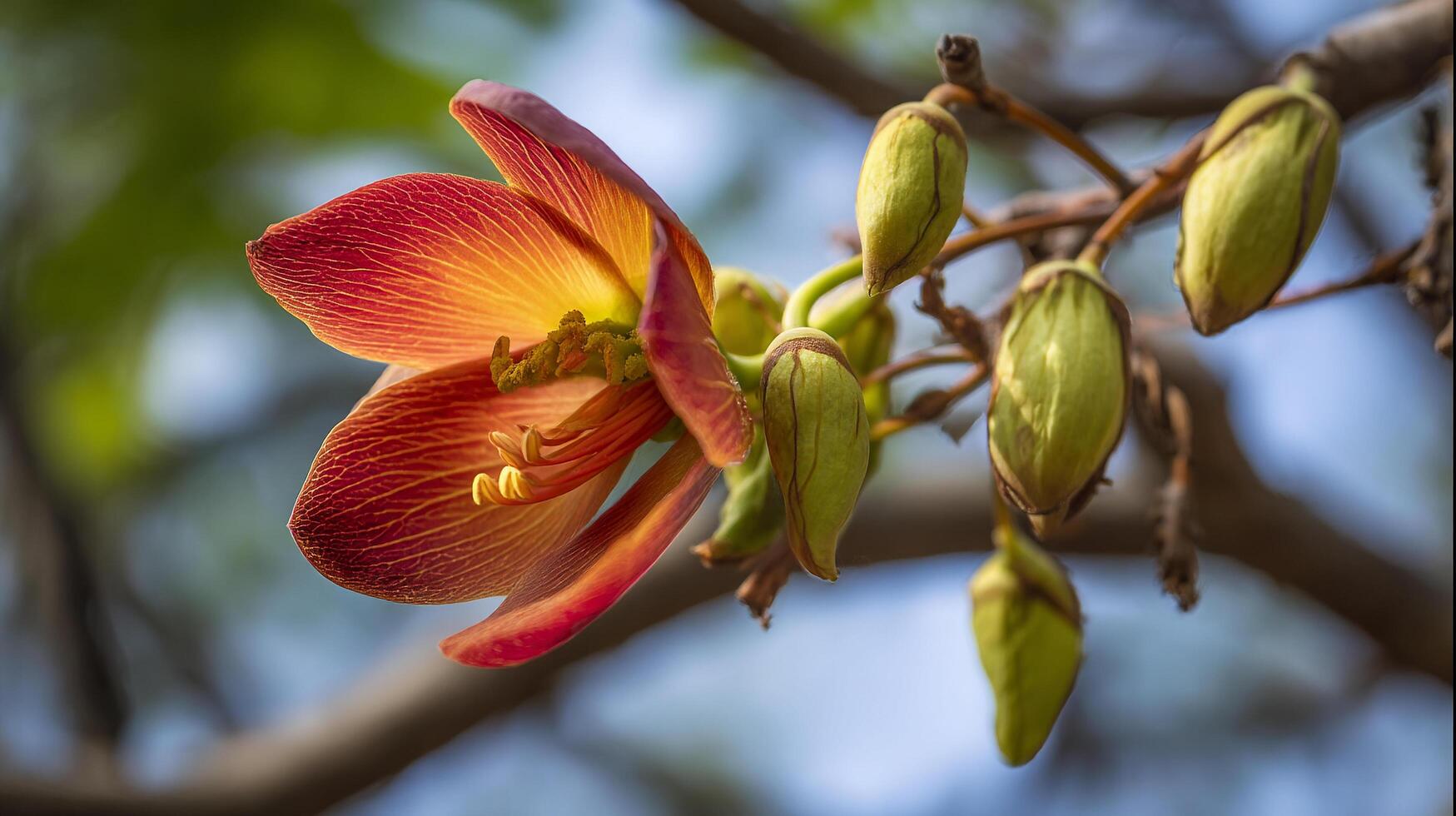 Macro photo of flower blooming on daylight tree branch
