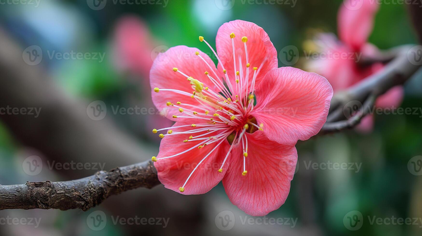Macro flower photo on branch with outdoor nature background