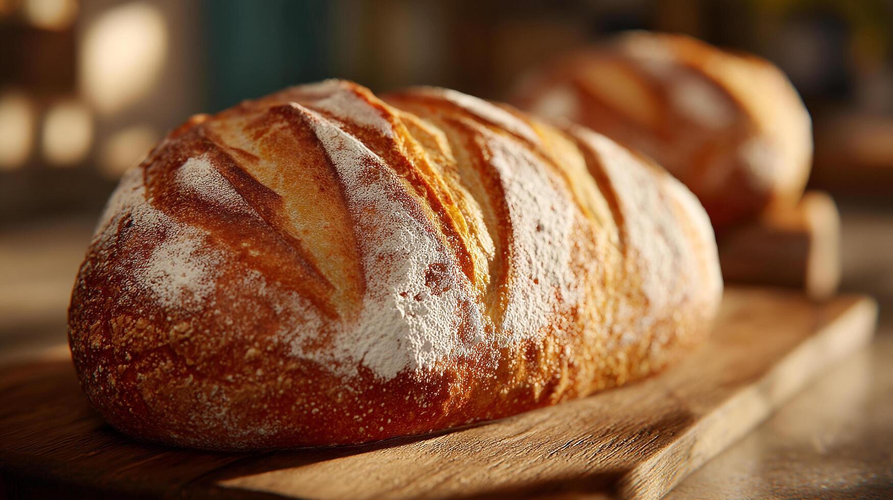 Bread loaf on cutting board photo under soft warm light