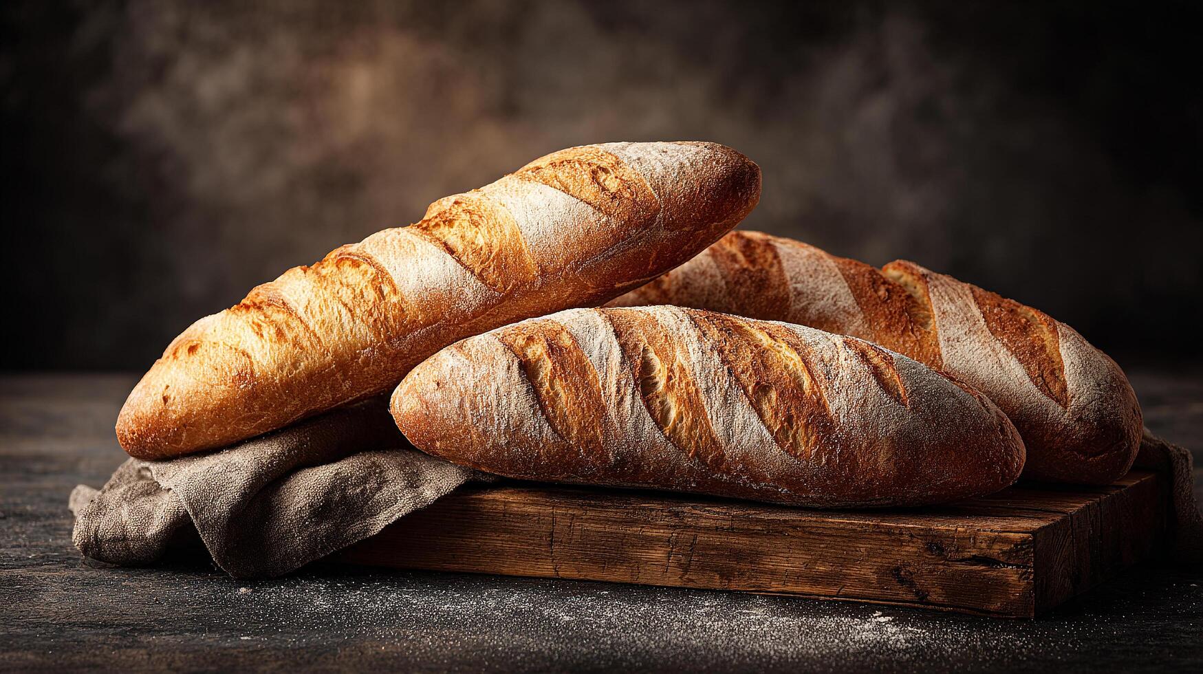 Handcrafted bread photo on rustic board with golden crust