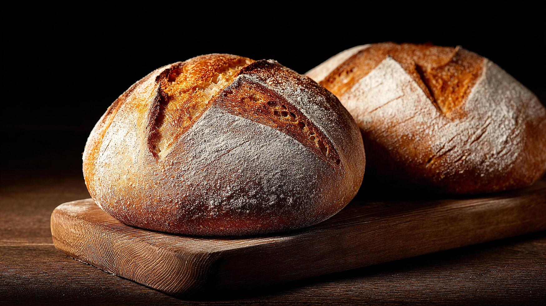 Crusty artisan bread photo under early morning light rays