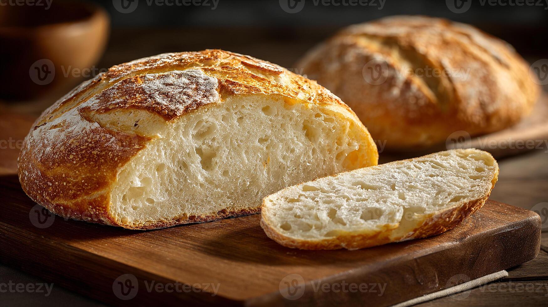 Golden crusted bread photo on rustic table in sharp detail