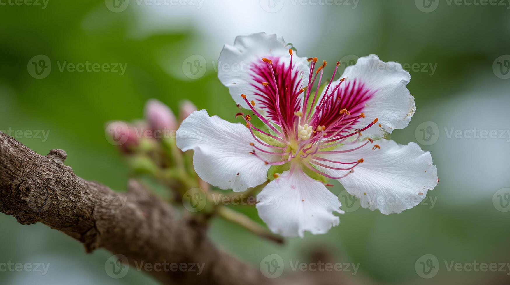 Sharp flower photo resting on textured tree branch