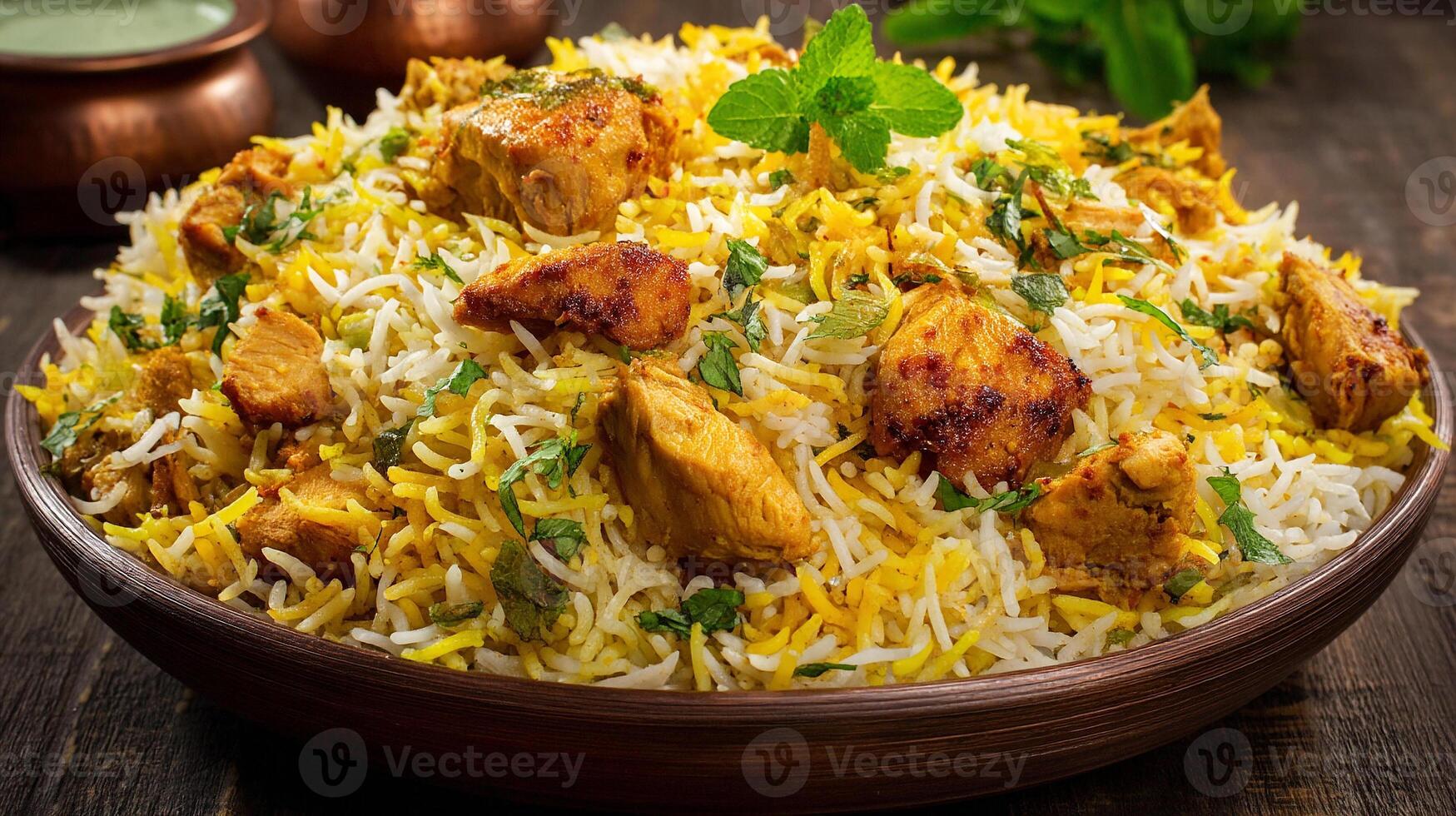 Spicy chicken biryani photo with visible masala and herbs garnish