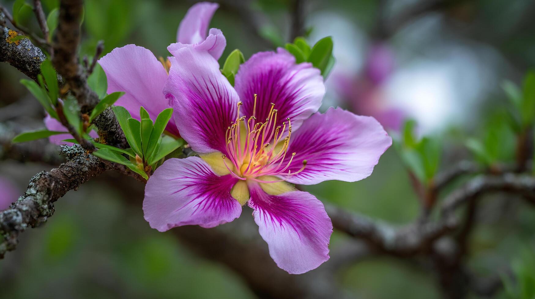High clarity flower photo on tree with dreamy natural scenery