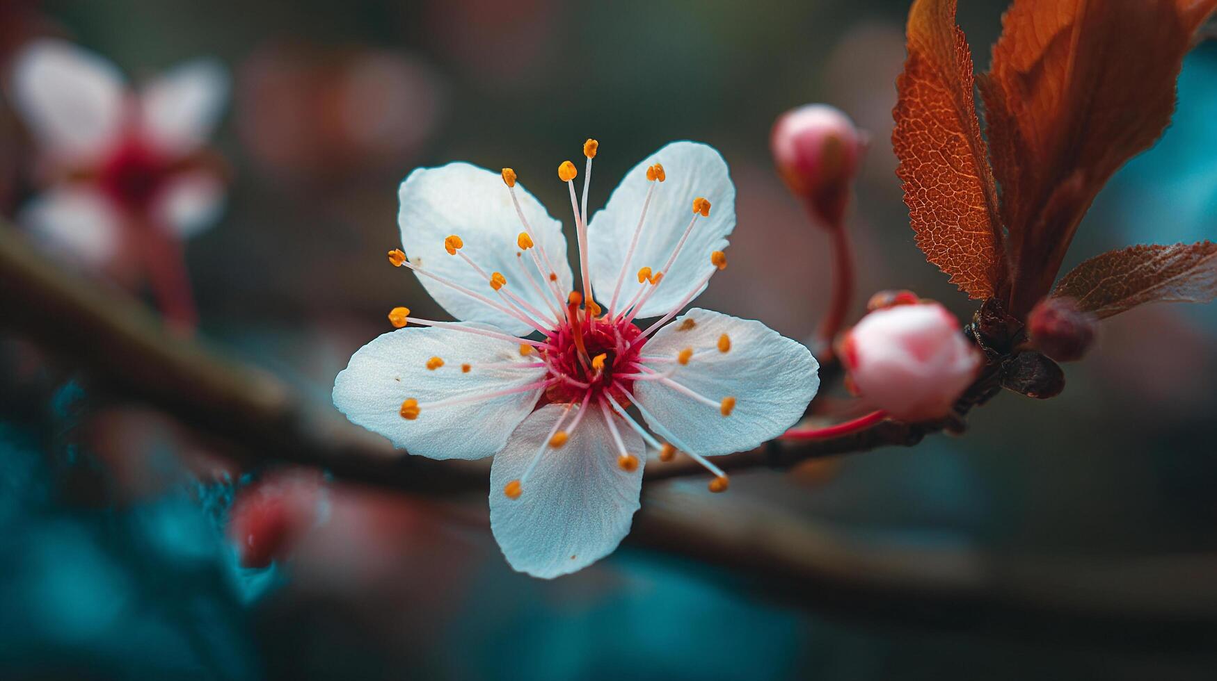 Flower in detailed photo on textured tree branch