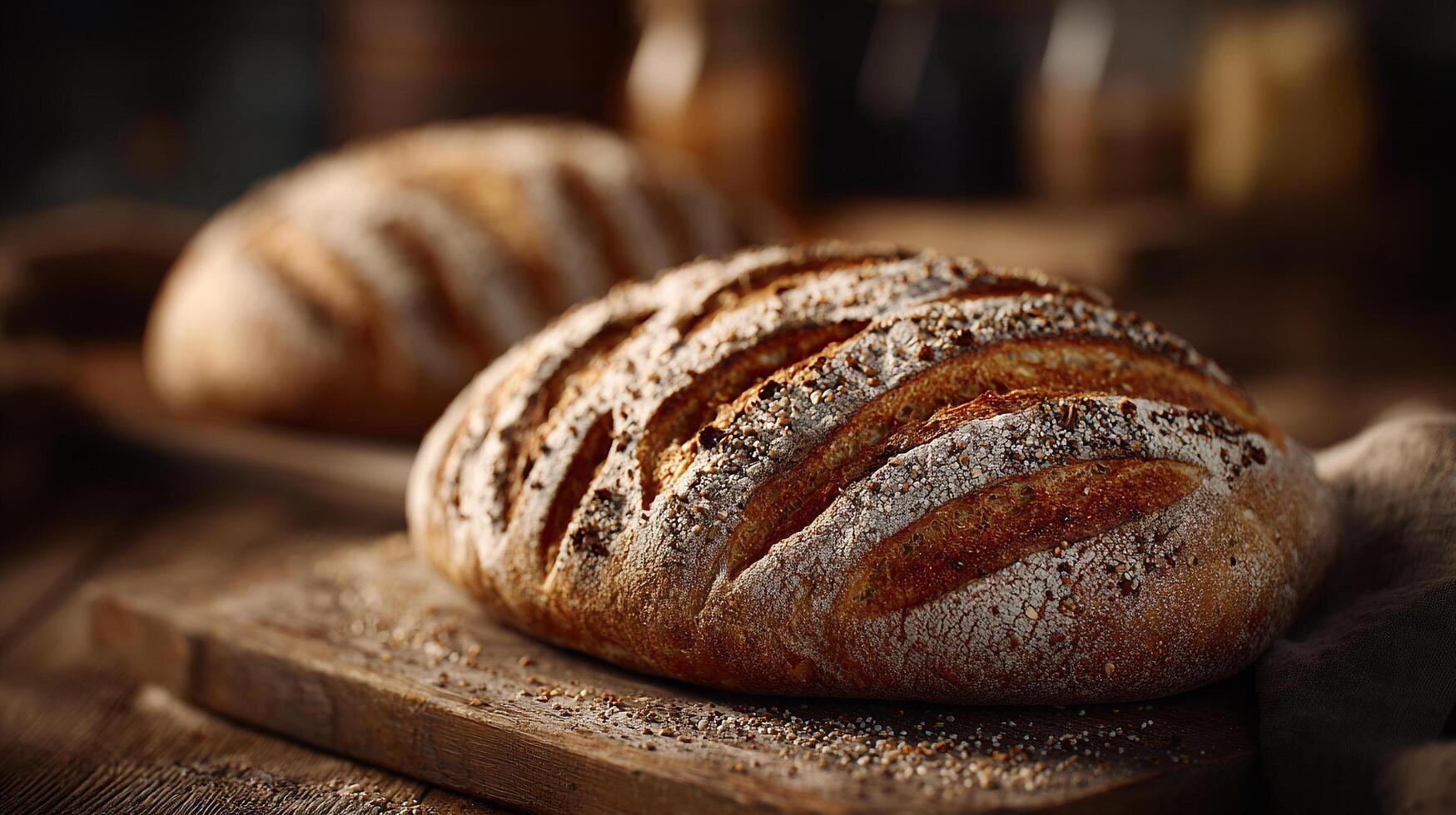 Rustic bread on warm wood surface photography photo