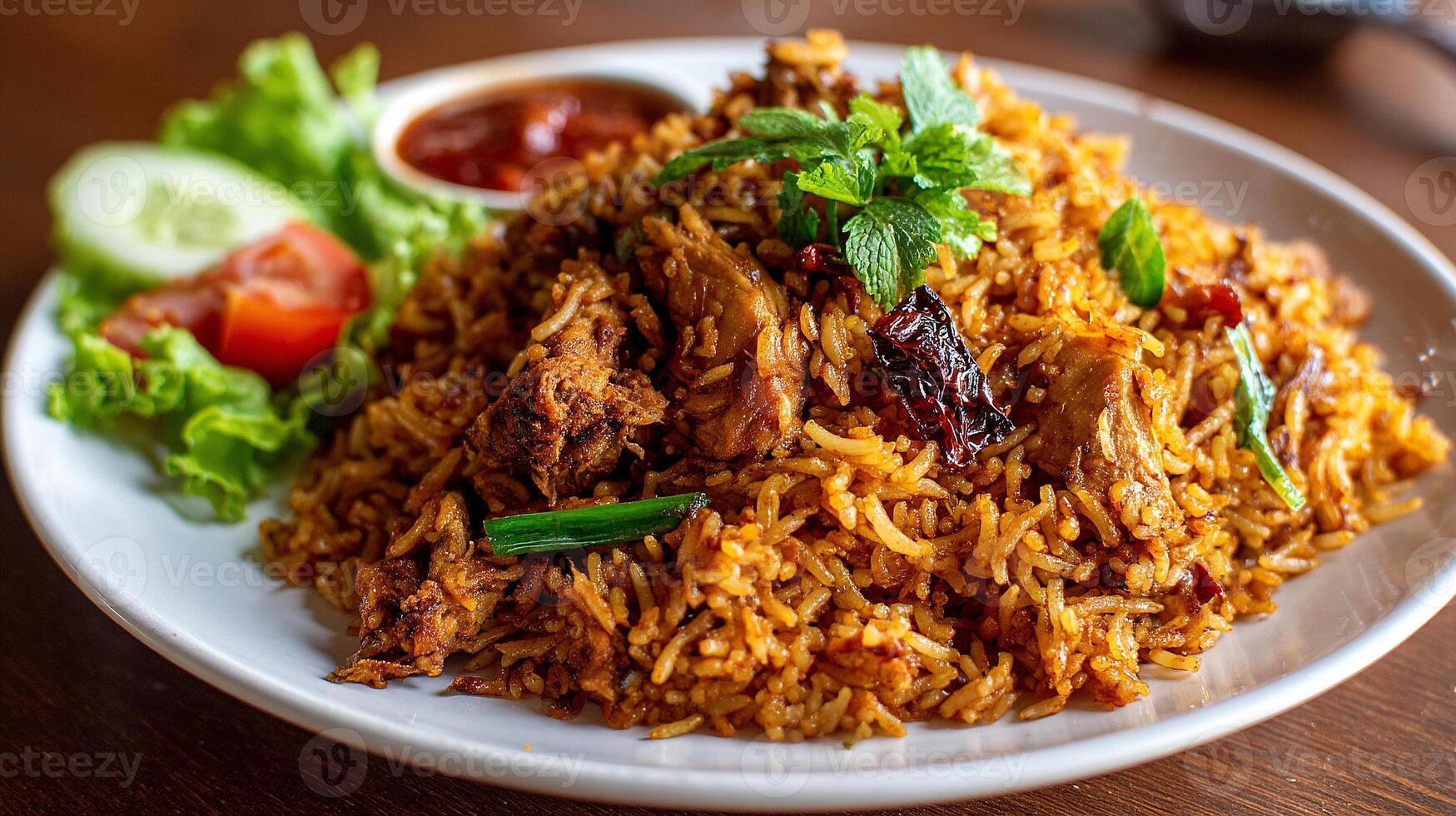 Realistic food photography of fresh chicken biryani and herbs photo