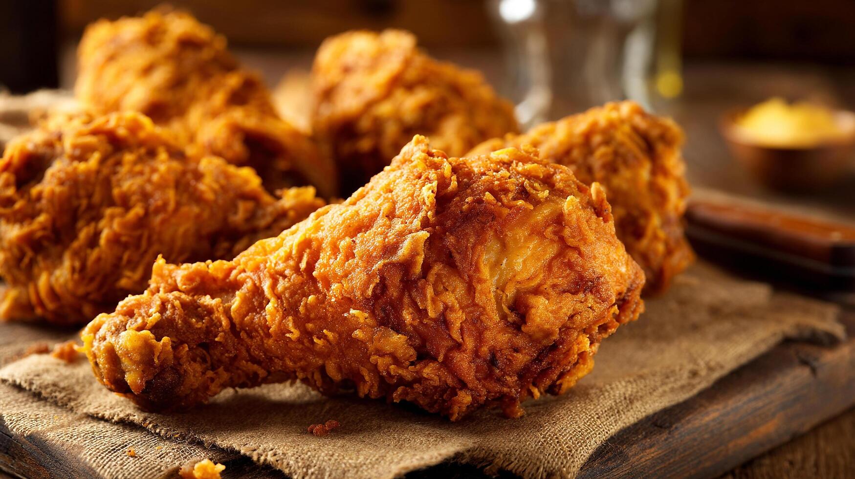 Crispy chicken leg on rustic table in natural light photo