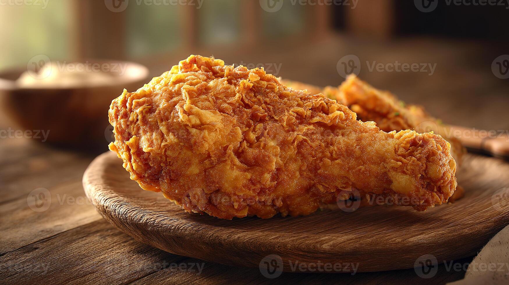 Chicken food photo with ultra clarity and warm wood tone