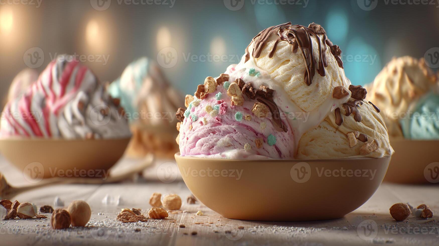 Colorful toppings over soft frozen dessert photo