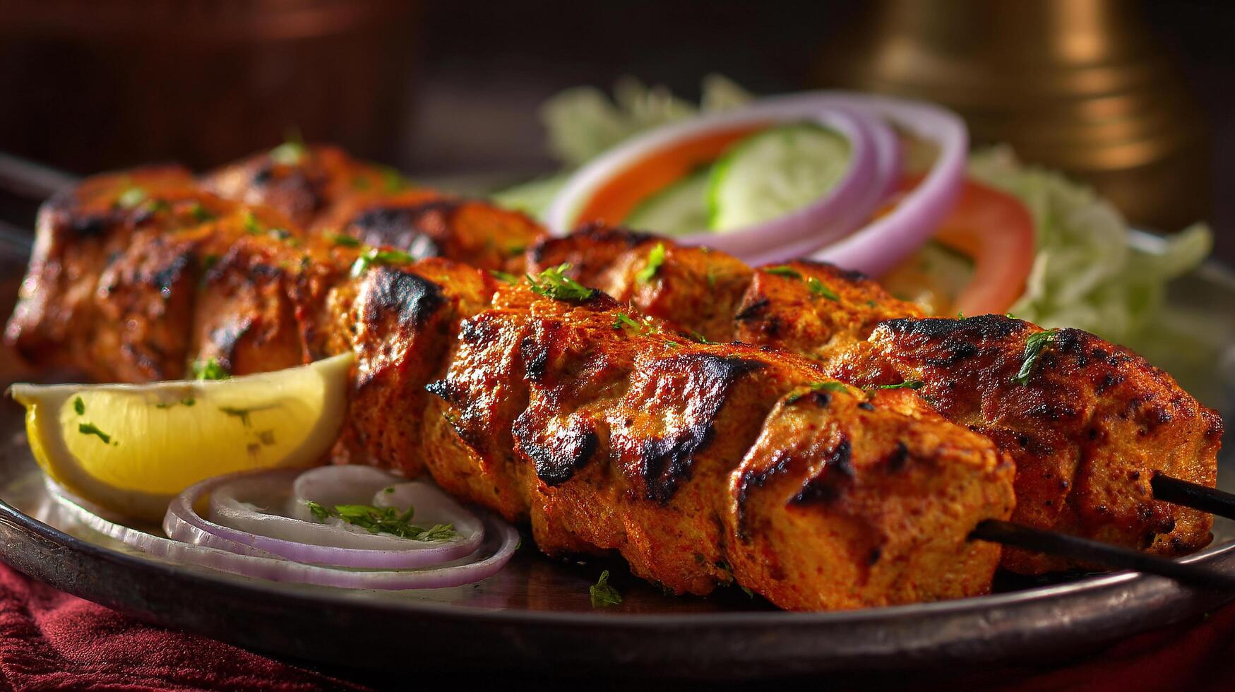 Delicious kabab with crispy edges served with salad photo