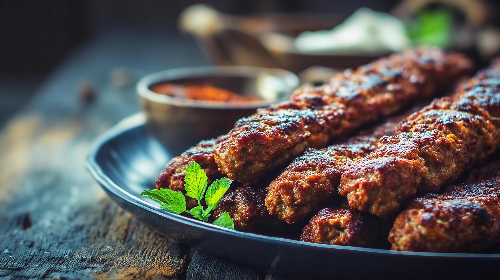 Delicious kabab arranged on plate with bright colorful veggies photo