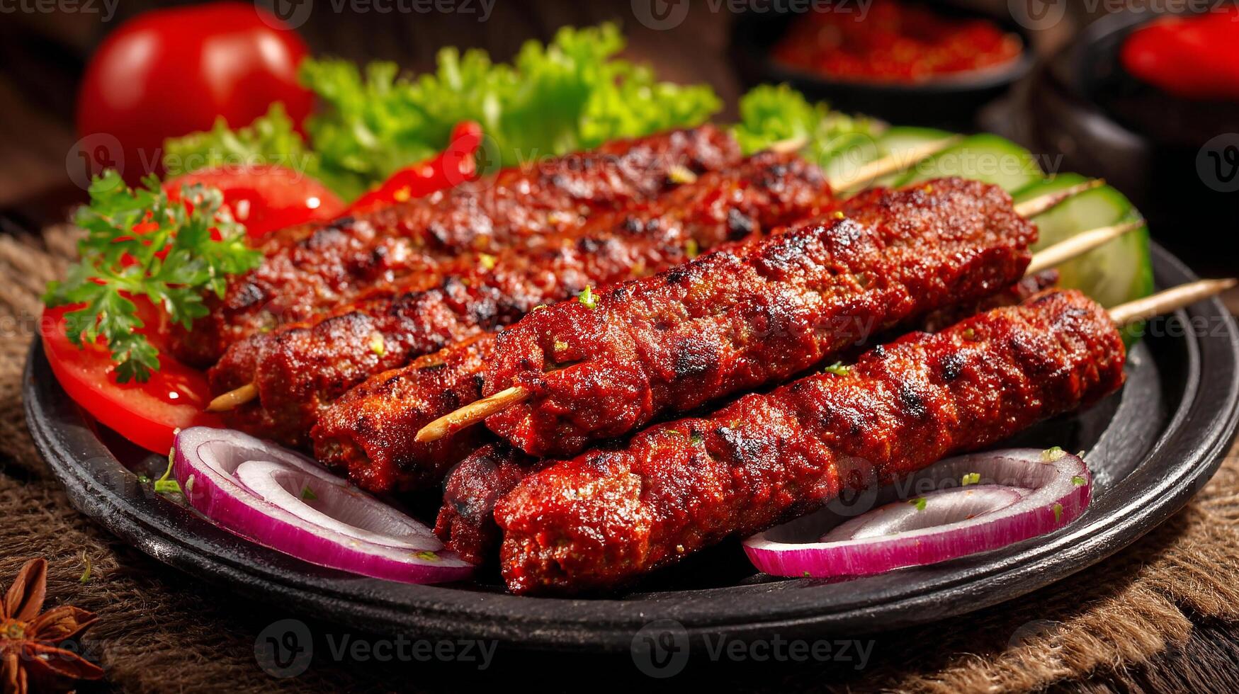 Delicious kabab served with fresh parsley and grilled tomatoes photo