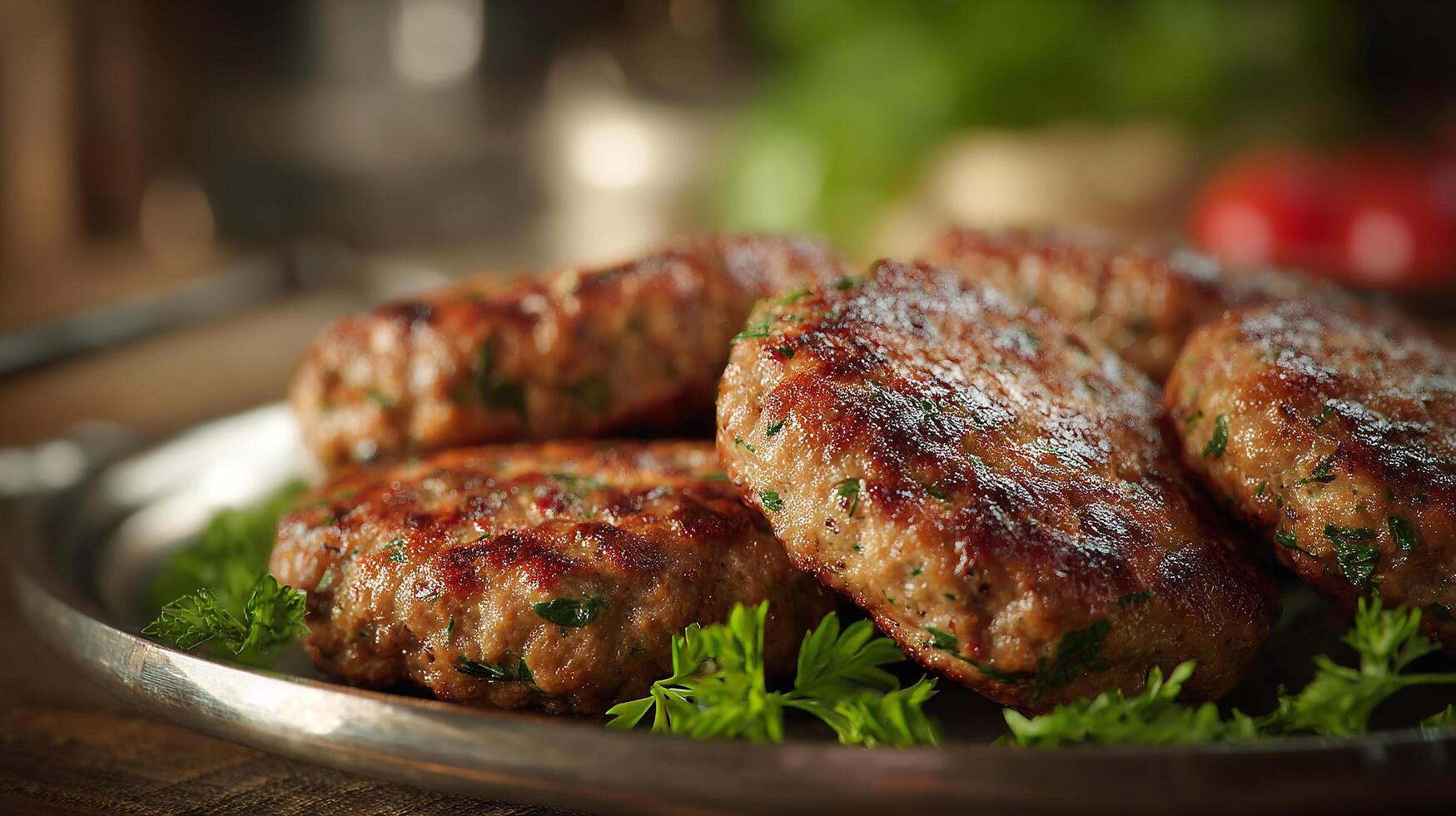 Juicy kabab cooked perfectly with crispy edges on plate photo