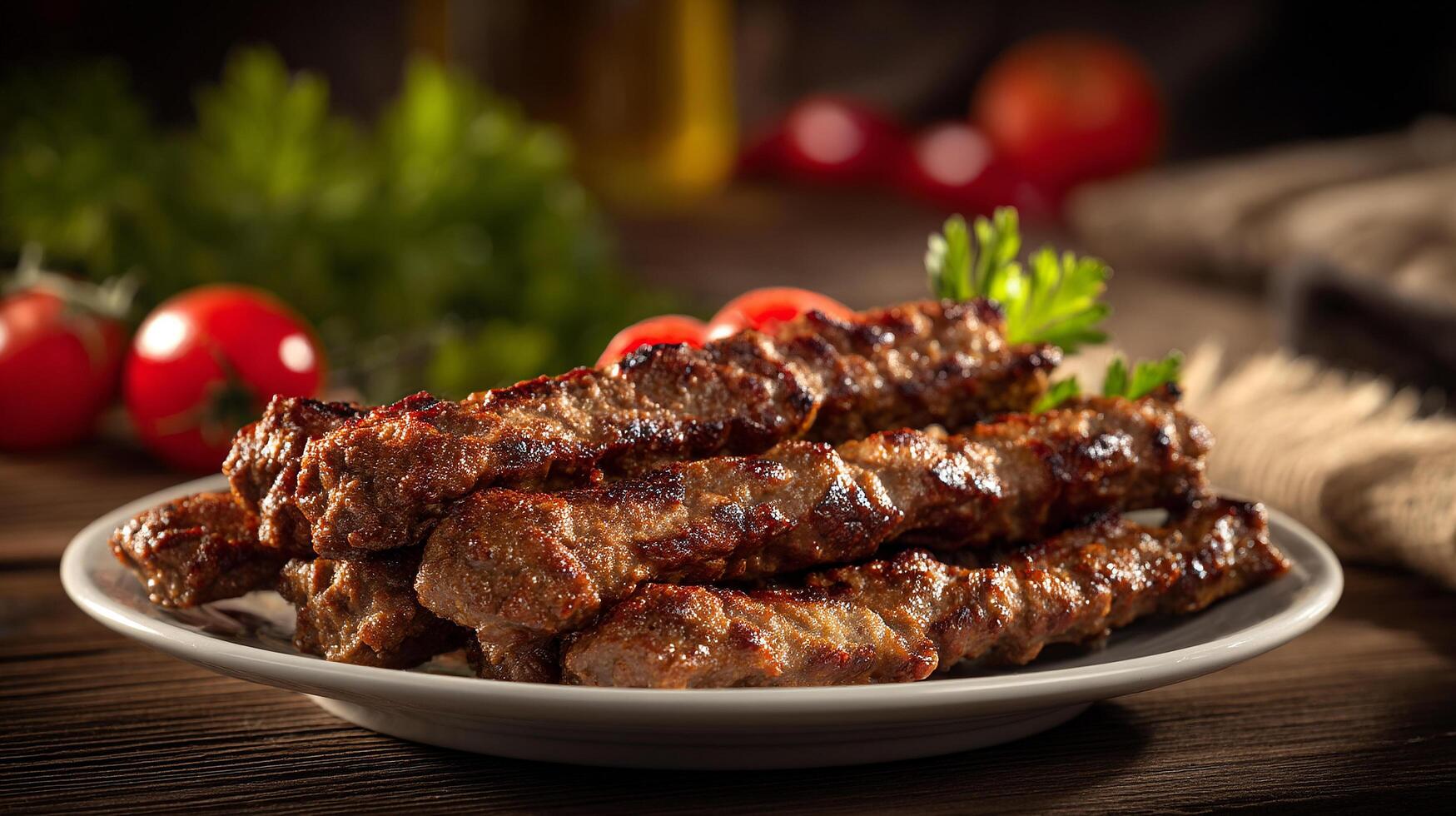 Juicy kabab on rustic plate with bright fresh garnish photo