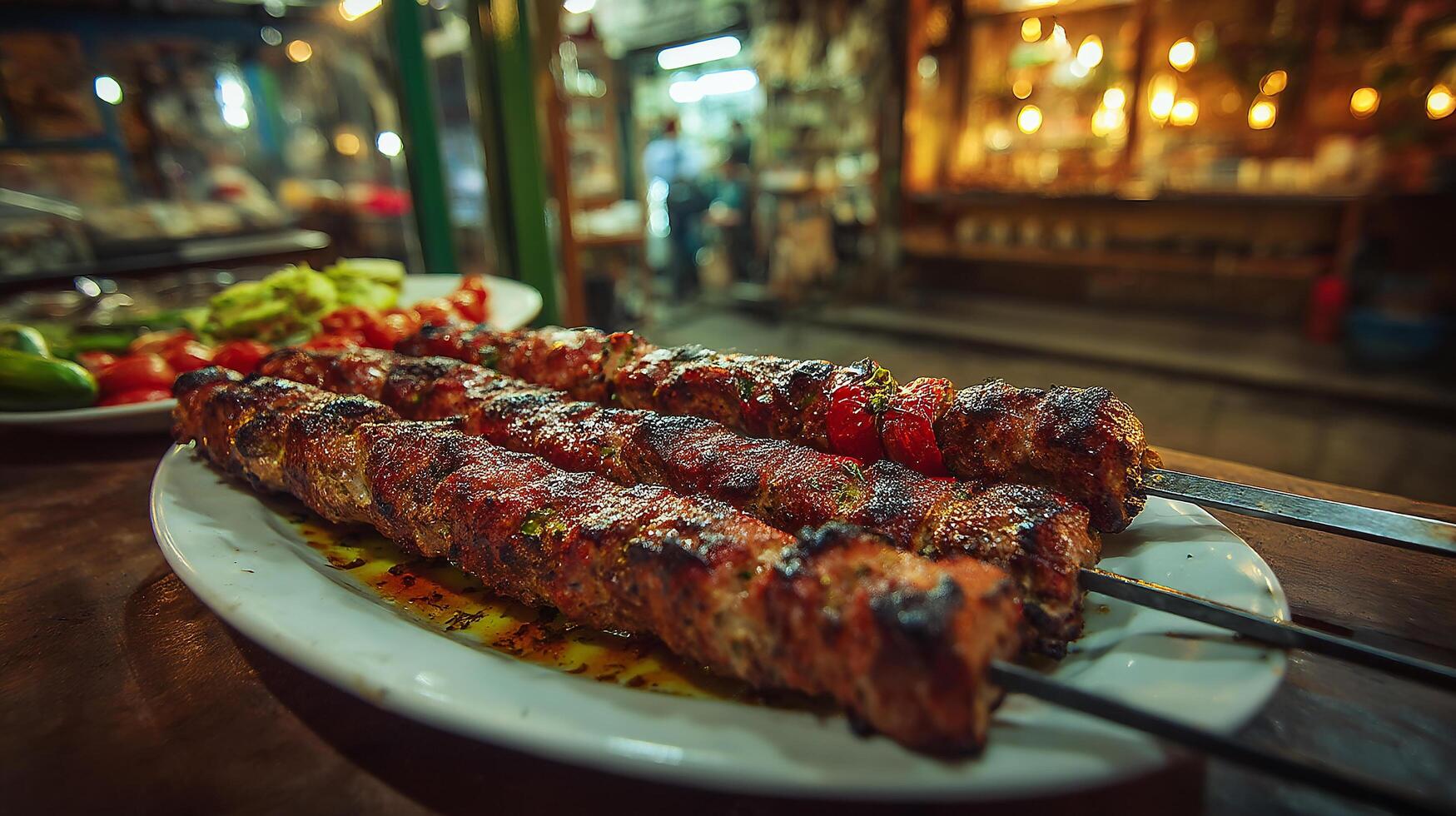 Close shot of kabab showing juicy meat and charred grill marks photo