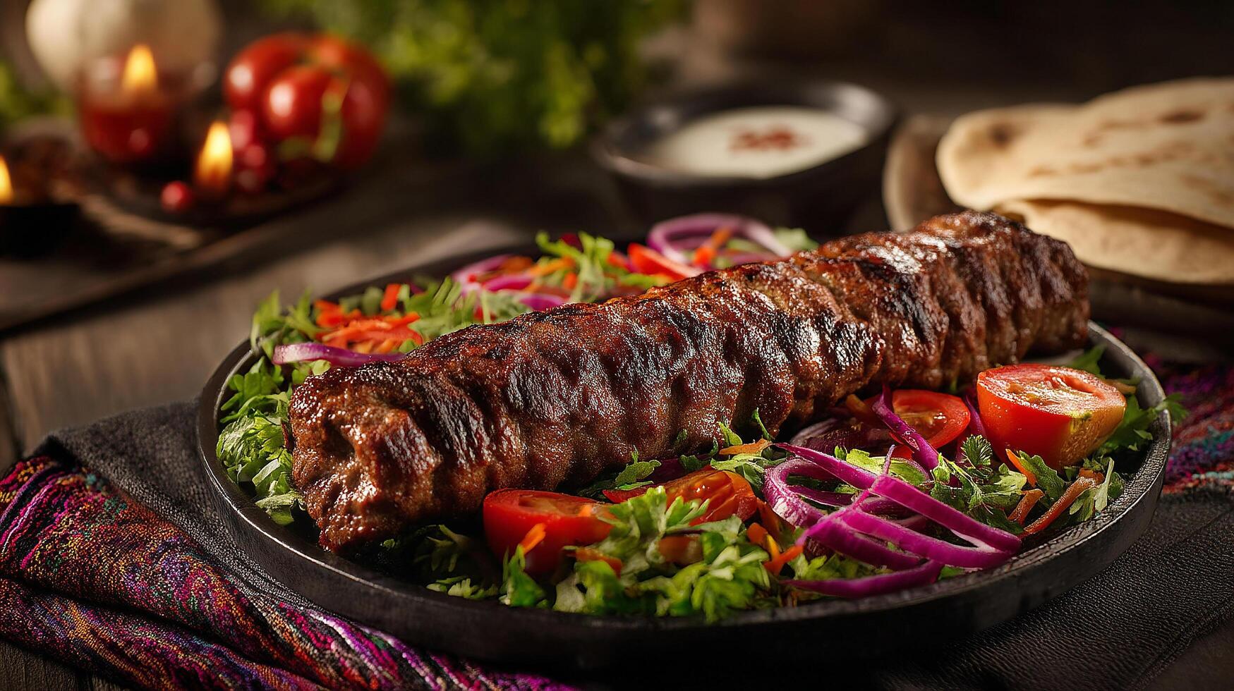 Delicious kabab served with colorful vegetables and fresh herbs photo