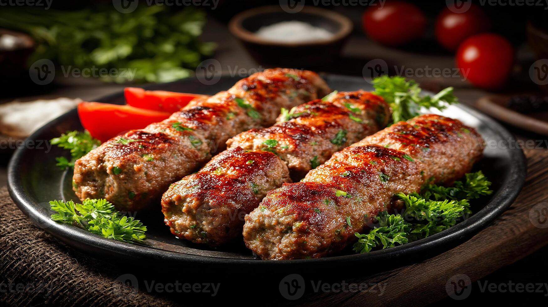 Delicious kabab with crispy outside and tender inside on plate photo