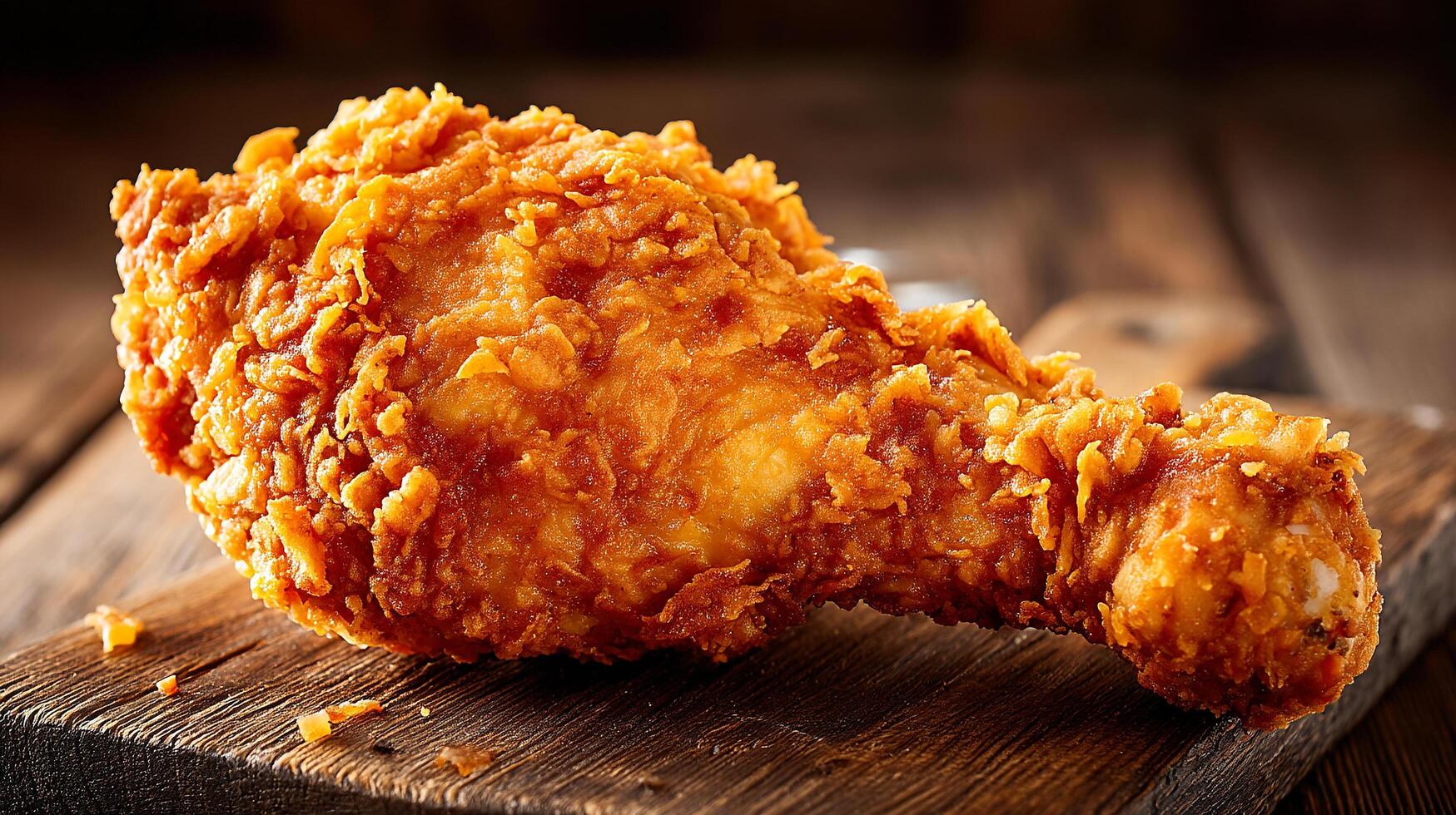Sharp focus photo of rustic chicken leg with wood grain