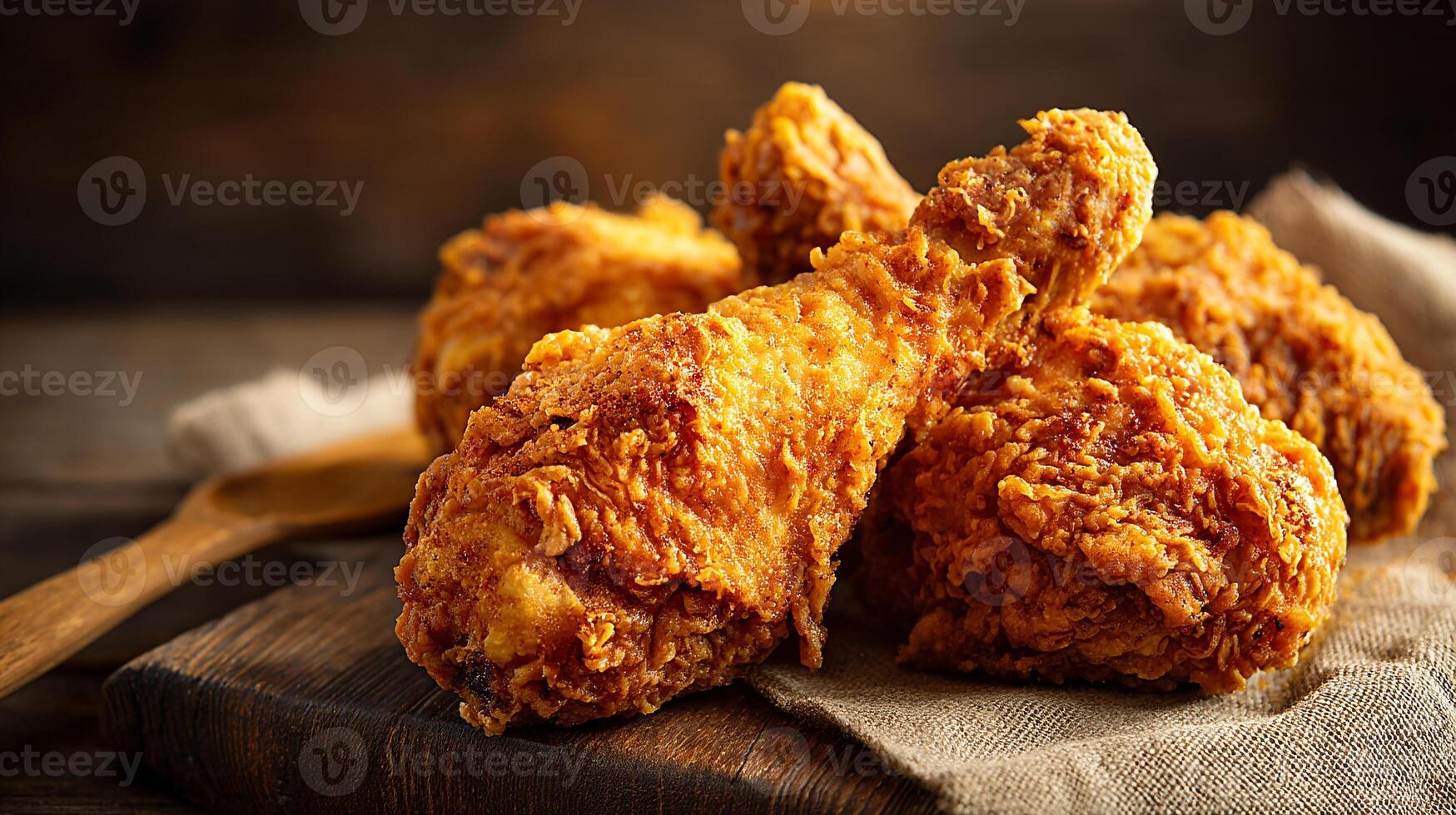 Ultra clear photo of fried chicken leg on old wood