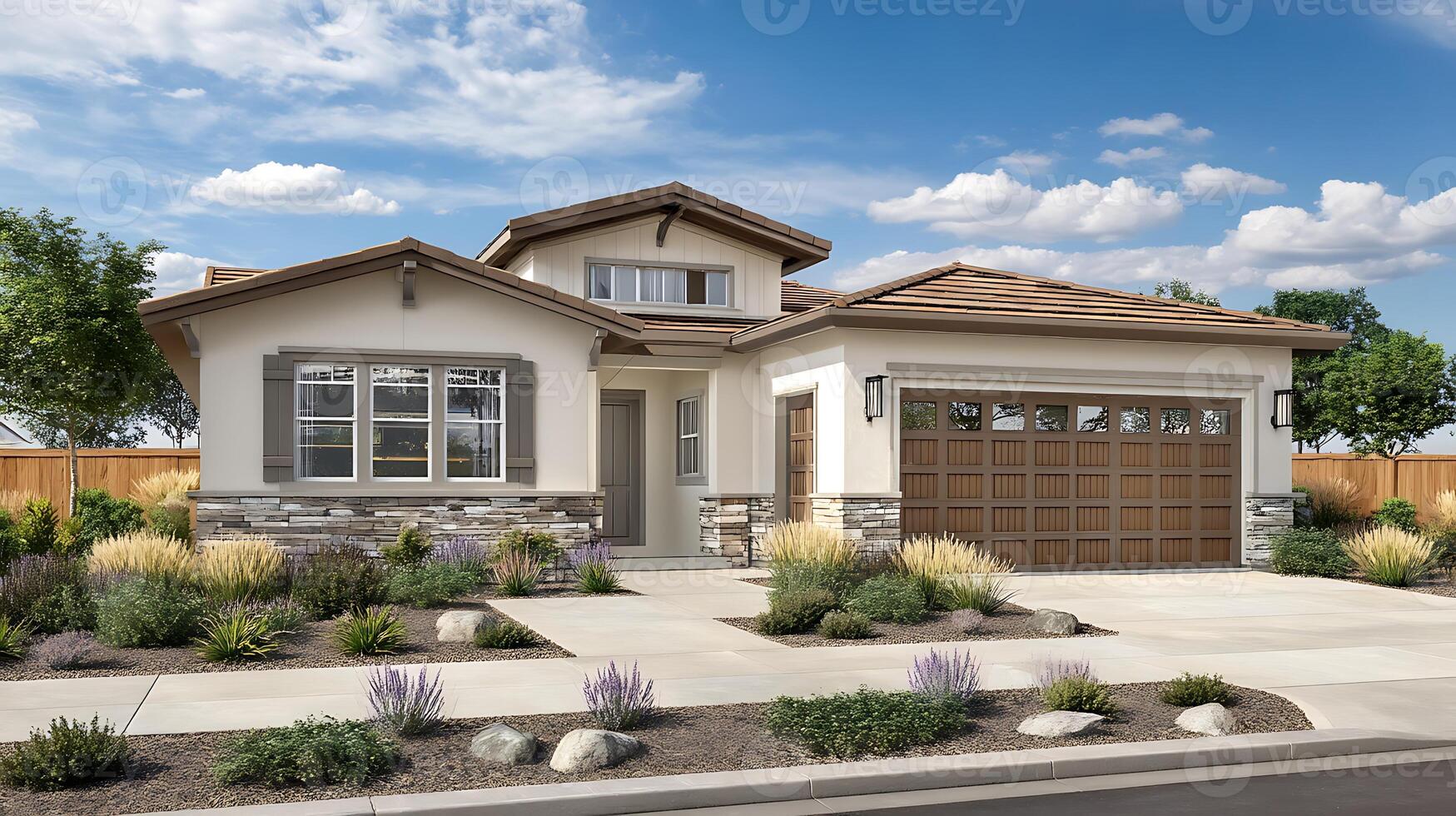 Modern roof style shown in photorealistic house exterior photo