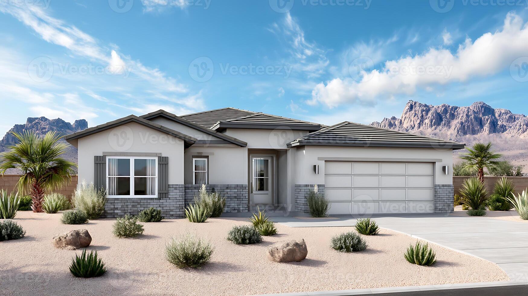 Photorealistic exterior house photo with natural lighting effects