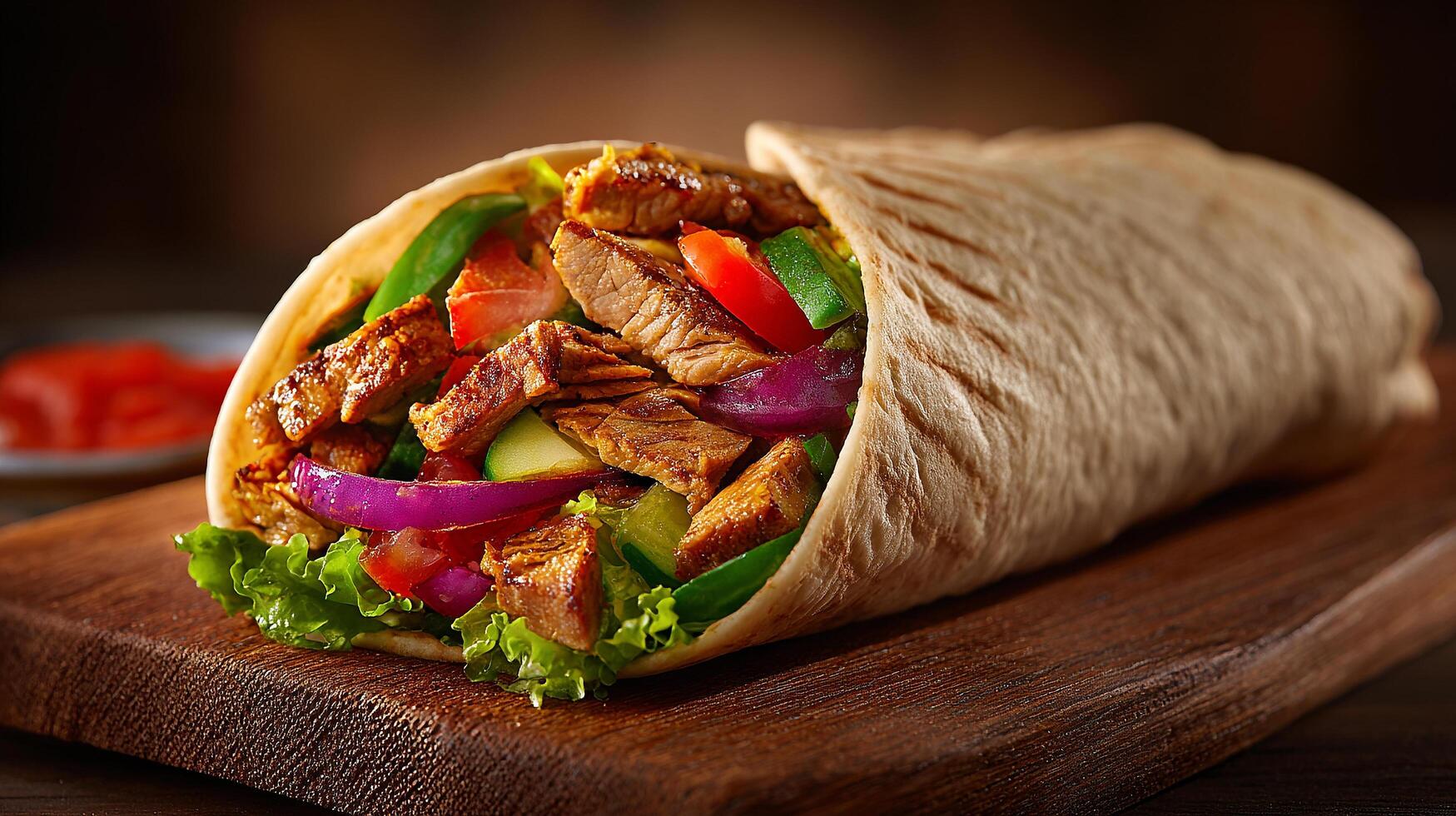Freshly prepared shawarma roll in pita bread photo