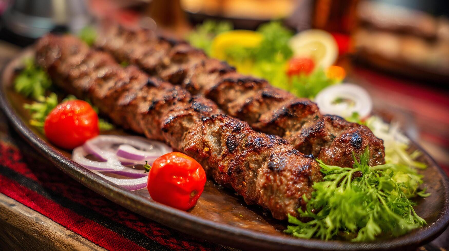 Mouthwatering kabab served hot with fresh lemon and herb garnish photo
