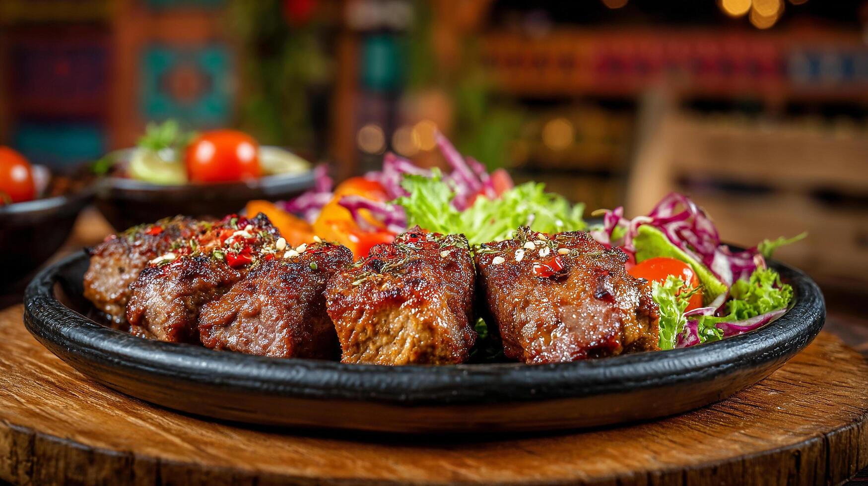 Juicy kabab arranged with fresh parsley and roasted peppers on plate photo