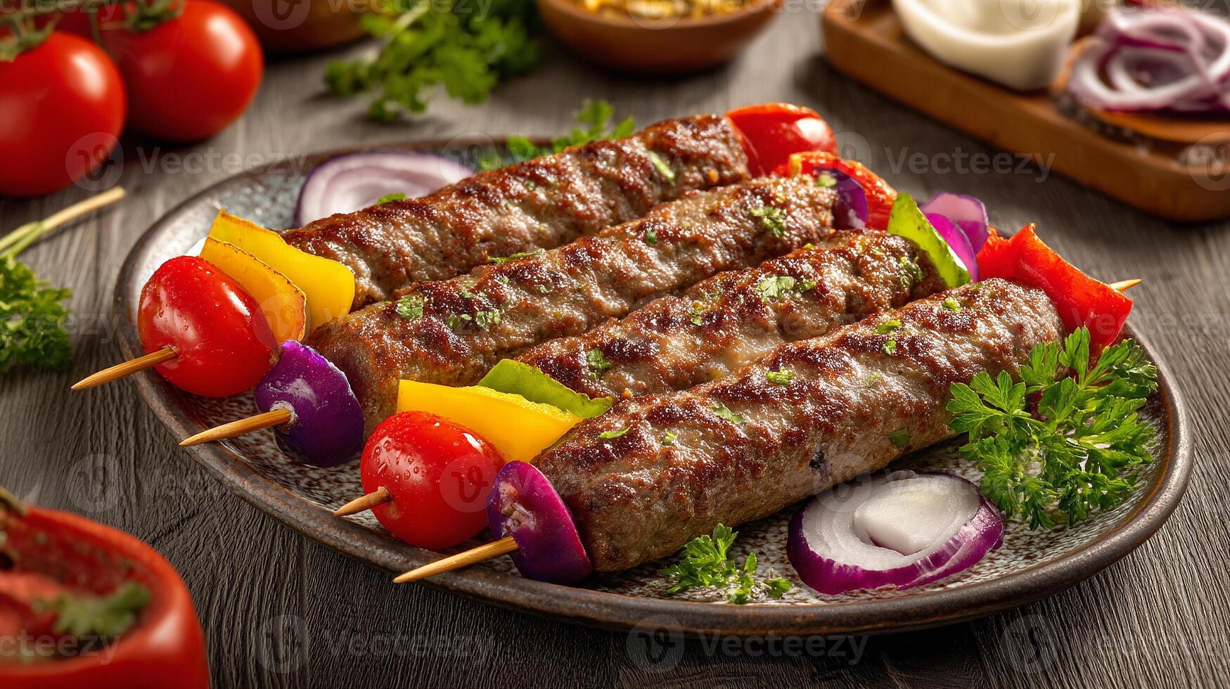 Tasty kabab served with roasted peppers and fresh parsley garnish photo