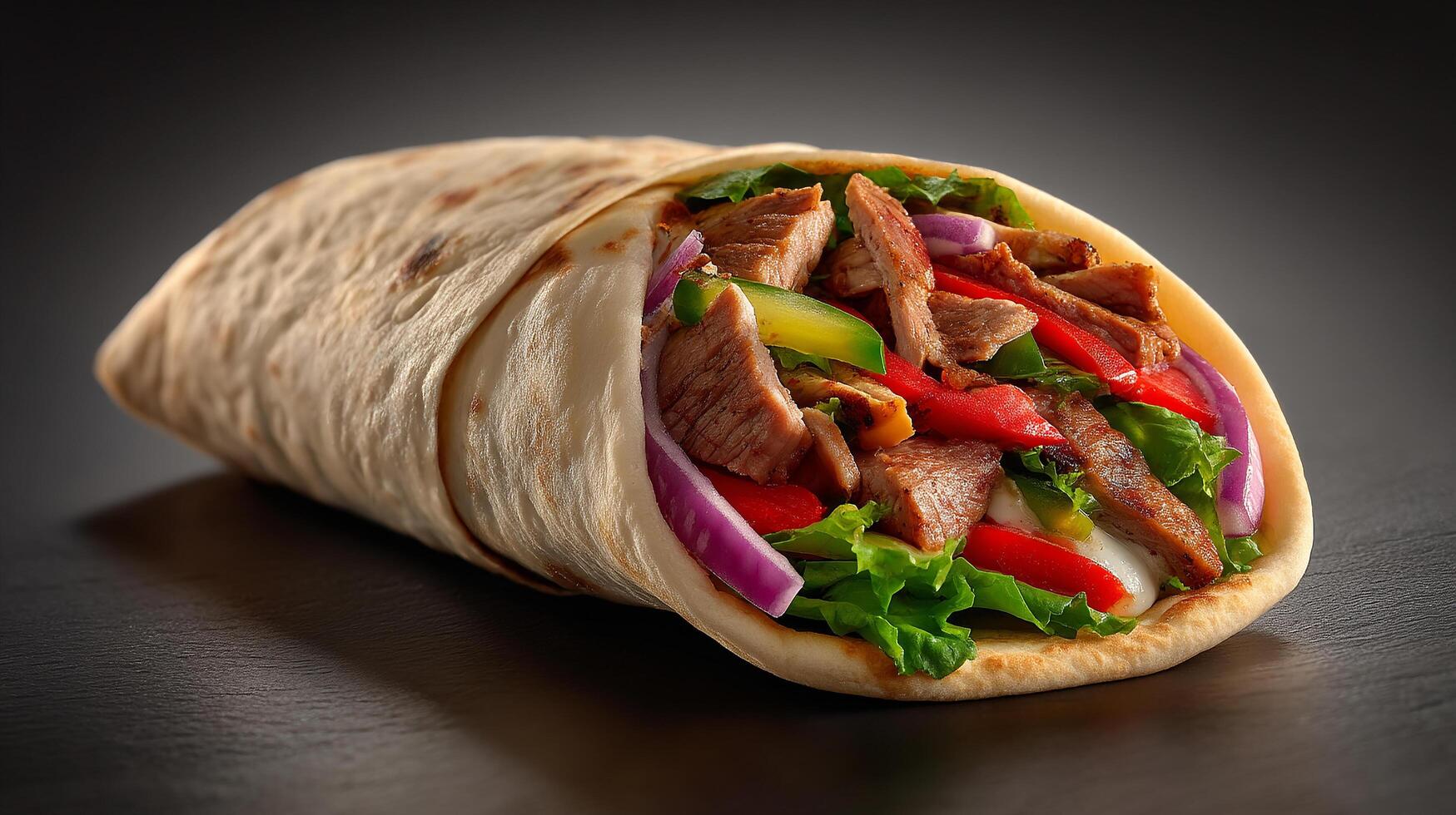 Tasty shawarma roll wrapped in soft pita photo