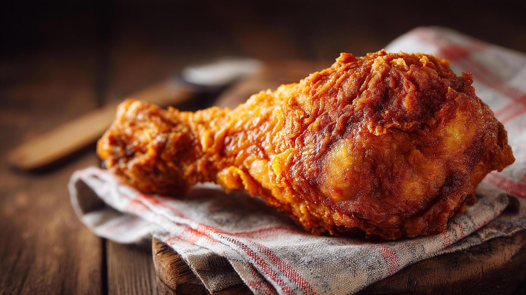 Chicken leg closeup photo on rustic table with studio lighting