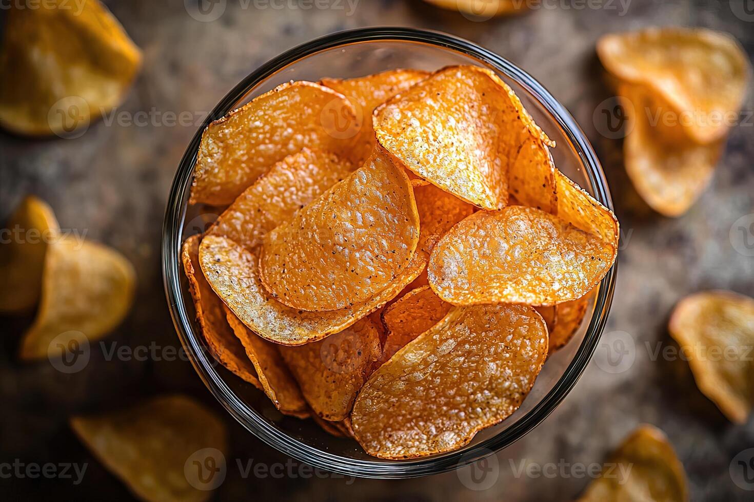 top view bowl of salted potato chips, focusing on crisp details and golden hues, ideal for culinary blogs and snack branding photo