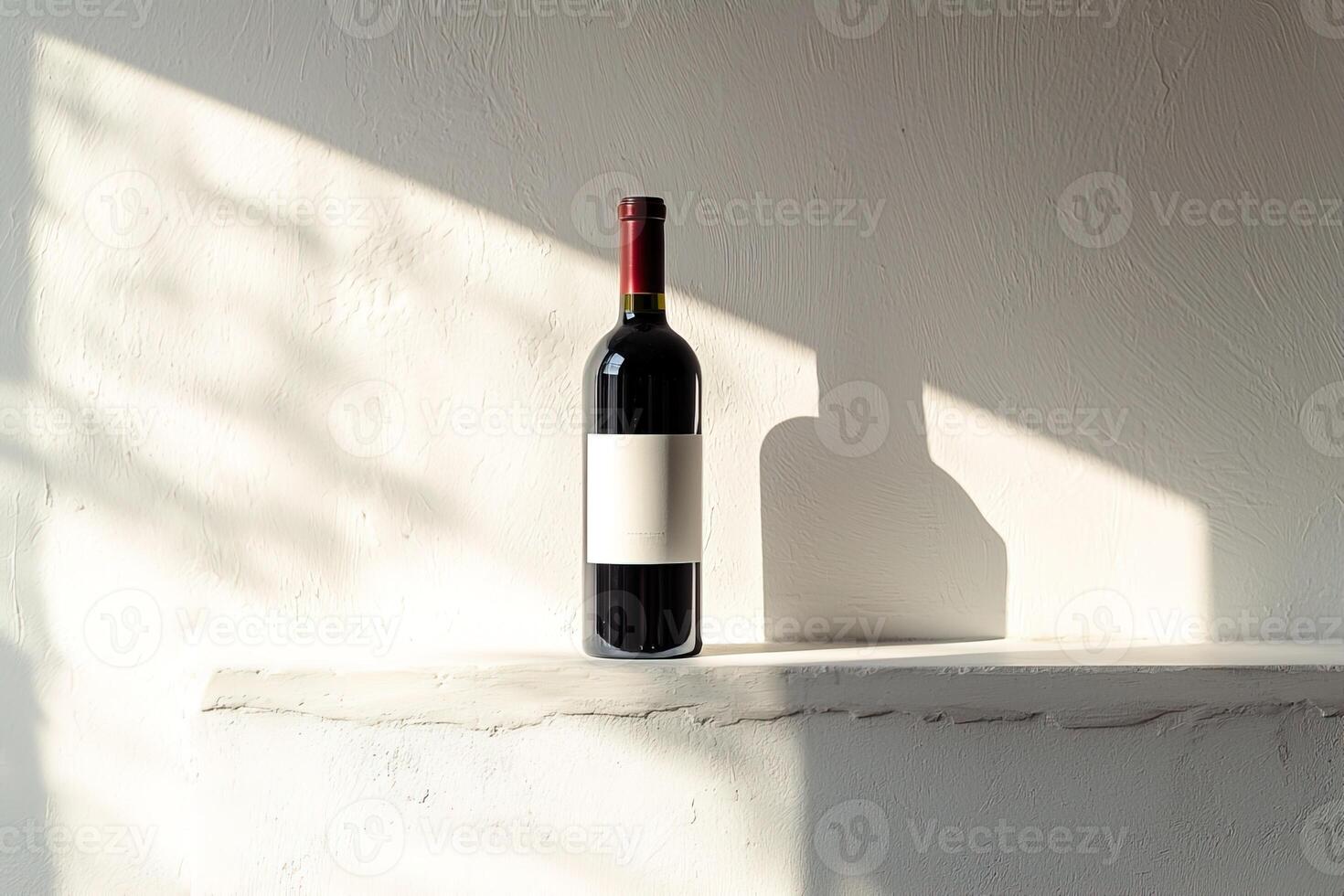 Stylish minimalist wine bottle display on clean shelf background, captured in natural light for use in product presentation, menus or packaging mockups photo