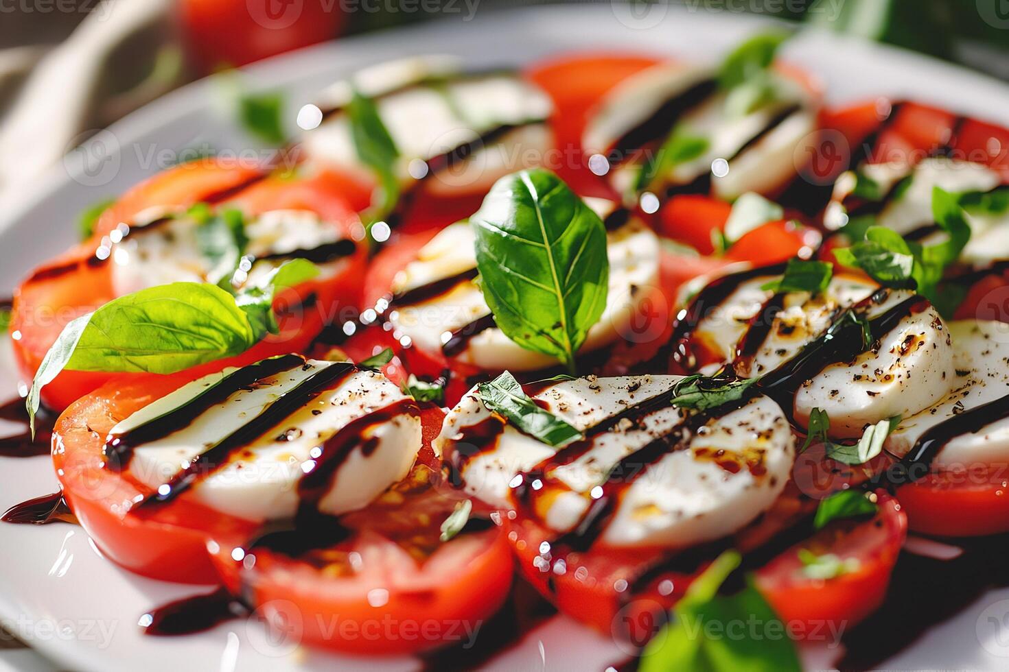 Fresh Caprese salad featuring mozzarella, ripe tomatoes and basil leaves, drizzled with balsamic glaze on white plate, illuminated by natural sunlight photo