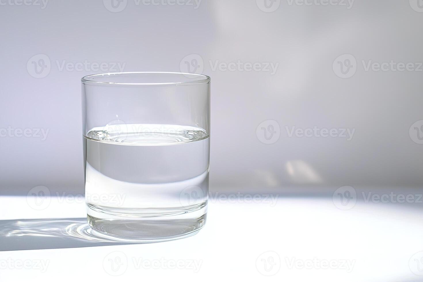 Sophisticated photograph of fresh drinking water in glass on white tabletop, with gentle shadows adding depth to minimalist scene photo
