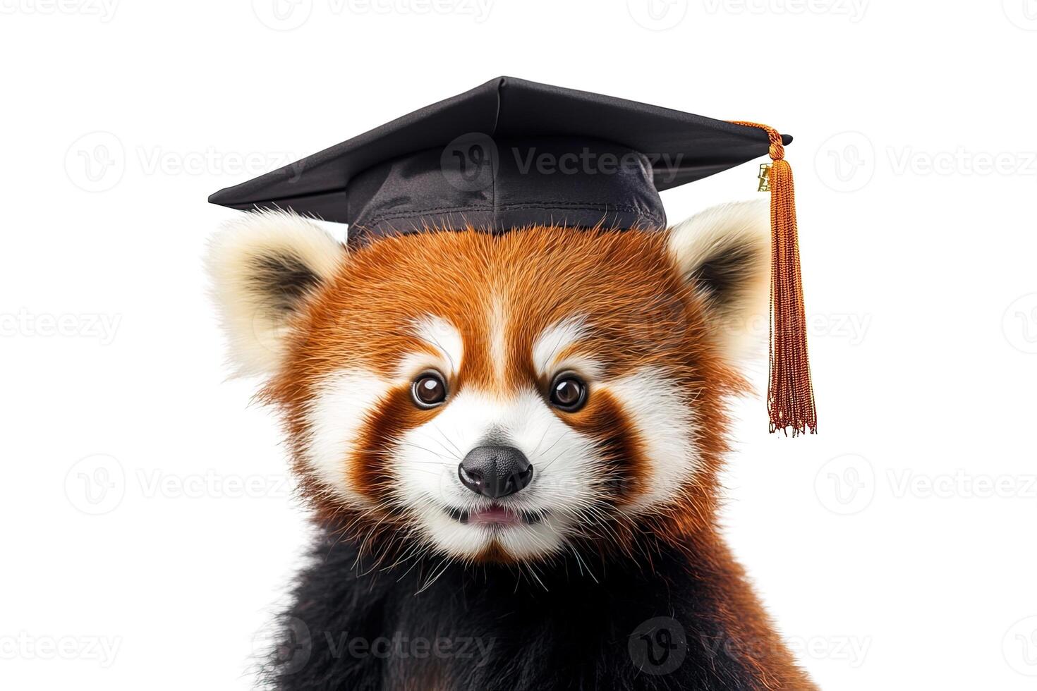 Adorable red panda with fluffy fur wearing graduation cap isolated on white background, symbolizing education, achievement and celebration photo