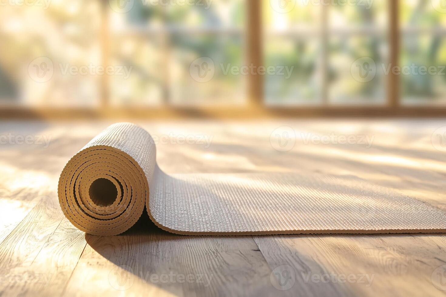 Conceptual photo of yoga mat positioned on minimalistic wooden floor, bathed in soft daylight, capturing calmness and simplicity in wellness environment