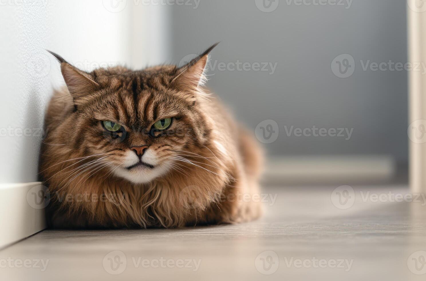 A grumpy Maine cat rests on the floor photo