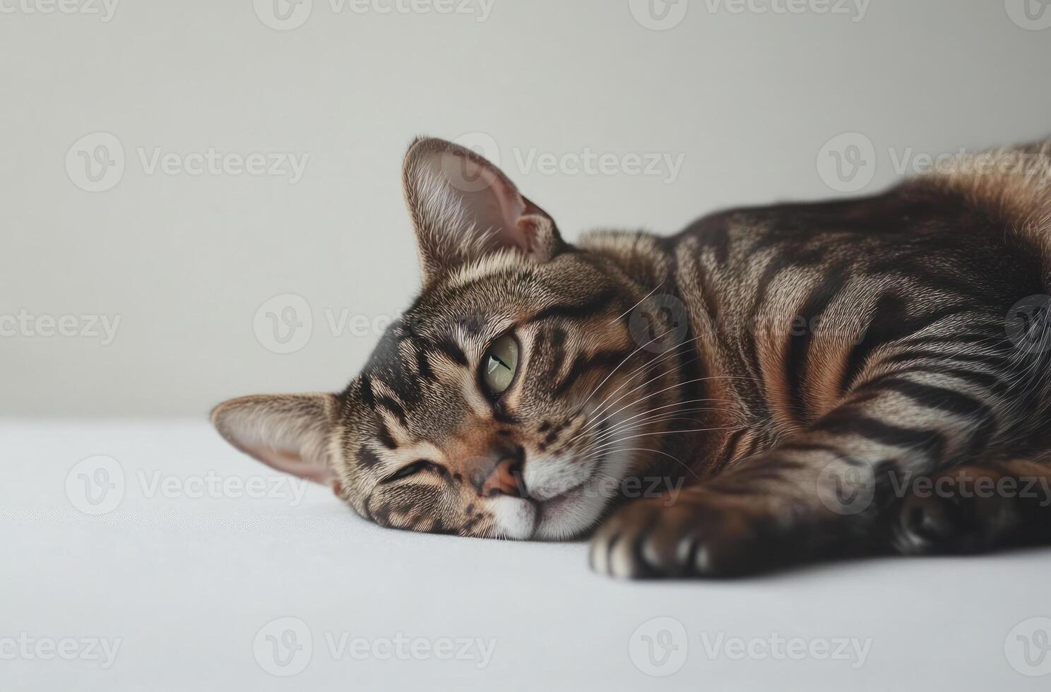 Tabby cat relaxing on a white surface gently photo