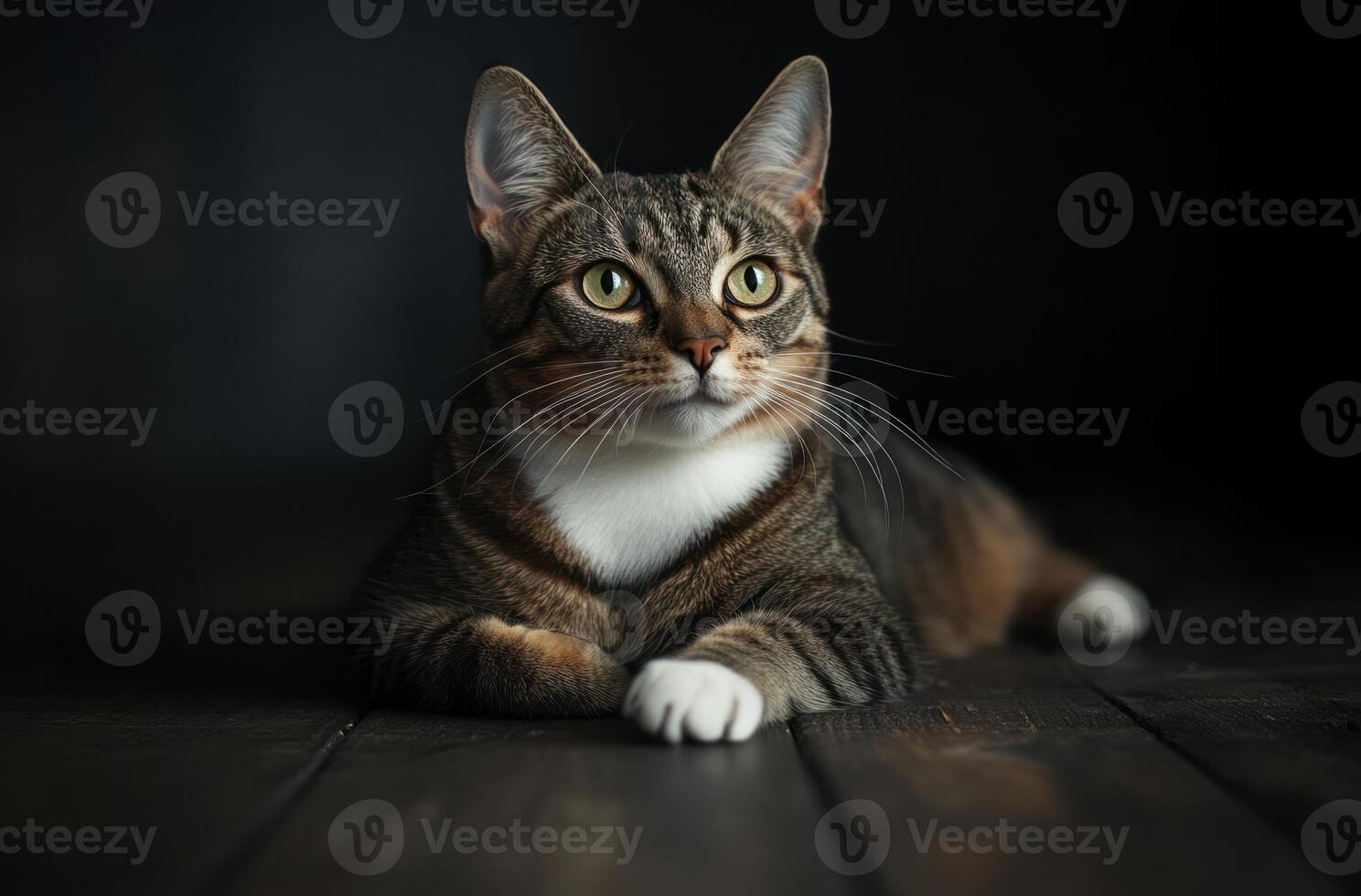 Tabby Cat Resting Elegantly On Dark Wood Floor photo